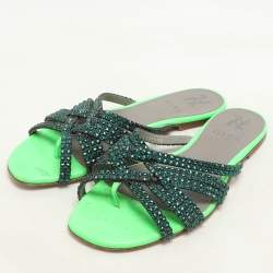 Gina Green Leather Crystal Embellished Flat Slides Size 38.5