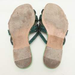 Gina Green Leather Crystal Embellished Flat Slides Size 38.5
