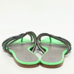 Gina Green Leather Crystal Embellished Flat Slides Size 38.5