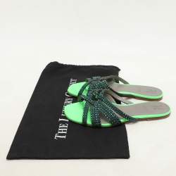 Gina Green Leather Crystal Embellished Flat Slides Size 38.5