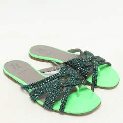 Gina Green Leather Crystal Embellished Flat Slides Size 38.5