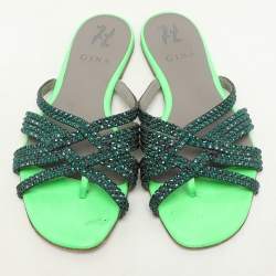 Gina Green Leather Crystal Embellished Flat Slides Size 38.5