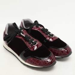 Gina Magenta Croc Embossed Patent Leather and Velvet Low Top Sneakers Size 37
