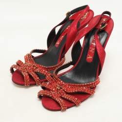 Pre Owned Gina Red Glitter Leather Crystal Embellished Slingback Sandals Size 37.5
