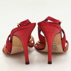 Pre Owned Gina Red Glitter Leather Crystal Embellished Slingback Sandals Size 37.5
