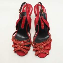 Pre Owned Gina Red Glitter Leather Crystal Embellished Slingback Sandals Size 37.5