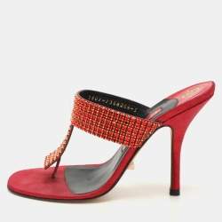 Gina Red Crystals Embellished Thong Slides Sandals Size 38