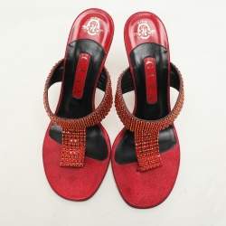 Gina Red Crystals Embellished Thong Slides Sandals Size 38