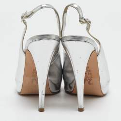 Gina Silver Leather Slingback Open Toe Platform Sandals Size 39.5
