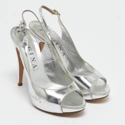 Gina Silver Leather Slingback Open Toe Platform Sandals Size 39.5
