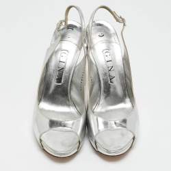 Gina Silver Leather Slingback Open Toe Platform Sandals Size 39.5
