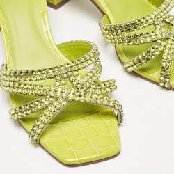 مملوكة مسبقًا Gina Green Croc Embossed Leather Crystal Embellished Slide Sandals Size 39
