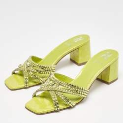 مملوكة مسبقًا Gina Green Croc Embossed Leather Crystal Embellished Slide Sandals Size 39
