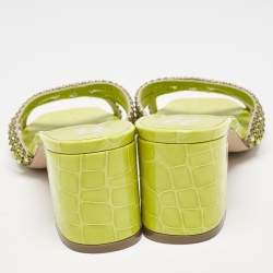 مملوكة مسبقًا Gina Green Croc Embossed Leather Crystal Embellished Slide Sandals Size 39