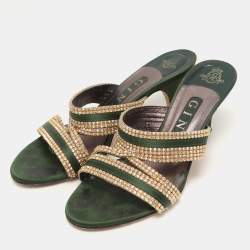 Gina Green/Gold Crystal Embellished Satin Slide Sandals Size 37