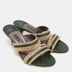Gina Green/Gold Crystal Embellished Satin Slide Sandals Size 37