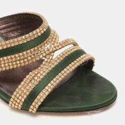 Gina Green/Gold Crystal Embellished Satin Slide Sandals Size 37