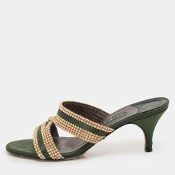 Gina Green/Gold Crystal Embellished Satin Slide Sandals Size 37