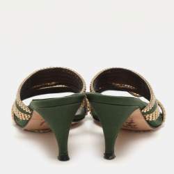 Gina Green/Gold Crystal Embellished Satin Slide Sandals Size 37