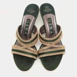 Gina Green/Gold Crystal Embellished Satin Slide Sandals Size 37