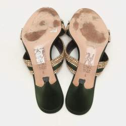 Gina Green/Gold Crystal Embellished Satin Slide Sandals Size 37