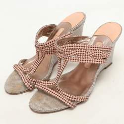 Pre Owned Gina Pink Beads Embellished Wedge Sandals Size 37.5