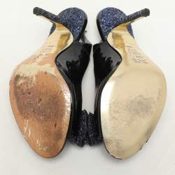 Pre Owned Gina Blue Patent Leather and Glitter Bow Embellished Peep Toe Slingback Pumps Size 38.5