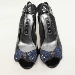 Pre Owned Gina Blue Patent Leather and Glitter Bow Embellished Peep Toe Slingback Pumps Size 38.5