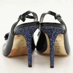 Pre Owned Gina Blue Patent Leather and Glitter Bow Embellished Peep Toe Slingback Pumps Size 38.5