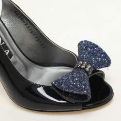 Pre Owned Gina Blue Patent Leather and Glitter Bow Embellished Peep Toe Slingback Pumps Size 38.5