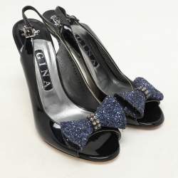Pre Owned Gina Blue Patent Leather and Glitter Bow Embellished Peep Toe Slingback Pumps Size 38.5