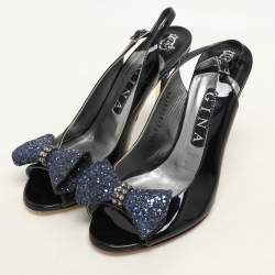 Pre Owned Gina Blue Patent Leather and Glitter Bow Embellished Peep Toe Slingback Pumps Size 38.5