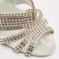 Gina Silver Crystal Embellished Leather Slide Sandals Size 38
