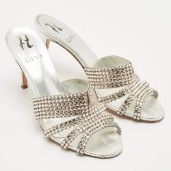 Gina Silver Crystal Embellished Leather Slide Sandals Size 38