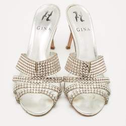 Gina Silver Crystal Embellished Leather Slide Sandals Size 38