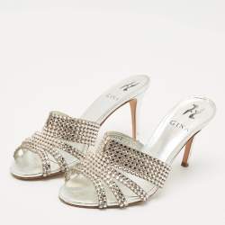 Gina Silver Crystal Embellished Leather Slide Sandals Size 38