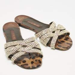 Gina Brown Leopard Print Patent Leather Crystal Embellished Flat Slides Size 41
