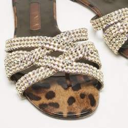Gina Brown Leopard Print Patent Leather Crystal Embellished Flat Slides Size 41