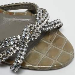 Gina Grey Croc Embossed Patent Leather Crystal Embellished Slide Sandals Size 39