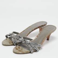 Gina Grey Croc Embossed Patent Leather Crystal Embellished Slide Sandals Size 39