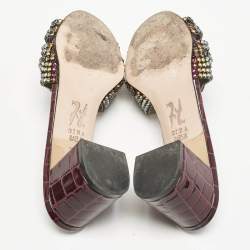 Gina Burgundy Croc Embossed Patent Leather Crystal Embellished Slide Sandals Size 36.5