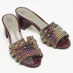 Gina Burgundy Croc Embossed Patent Leather Crystal Embellished Slide Sandals Size 36.5