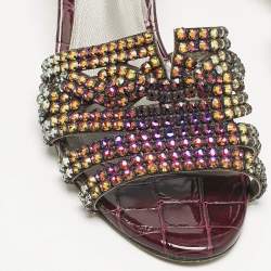 Gina Burgundy Croc Embossed Patent Leather Crystal Embellished Slide Sandals Size 36.5