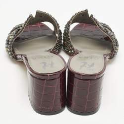 Gina Burgundy Croc Embossed Patent Leather Crystal Embellished Slide Sandals Size 36.5