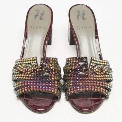 Gina Burgundy Croc Embossed Patent Leather Crystal Embellished Slide Sandals Size 36.5