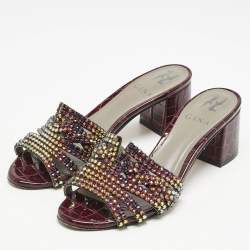 Gina Burgundy Croc Embossed Patent Leather Crystal Embellished Slide Sandals Size 36.5