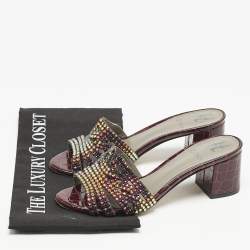 Gina Burgundy Croc Embossed Patent Leather Crystal Embellished Slide Sandals Size 36.5