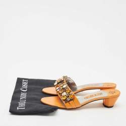 Gina Orange Leather Crystal Embellished Slide Sandals Size 38.5