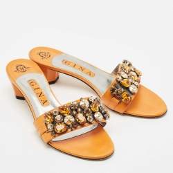 Gina Orange Leather Crystal Embellished Slide Sandals Size 38.5