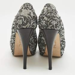 Gina Grey/Black Lace Crystal Embellished Open Toe Platform Pumps Size 39